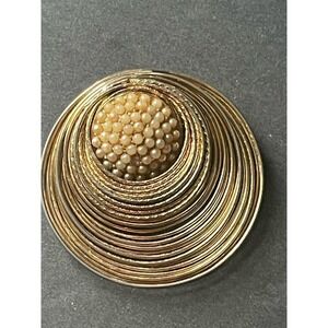 Vintage Wire Circle Faux Pearl MCM Minimalist Gold Tone Cocktail Retro Brooch